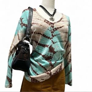 Y2K Brown & Turquoise Tie-dye 3/4 Length Sleeve V-neckline Cotton Woman XL